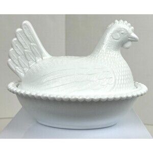 Vtg Indiana Glass Milk Glass Hen On Nest #7155 1973-1982 Cottage Core Art Farm
